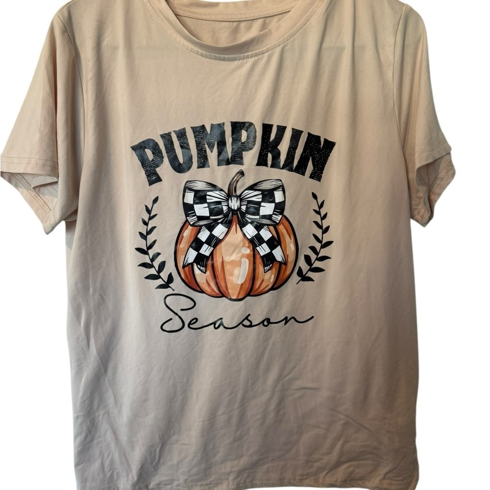 SHEIN Cream Short Sleeve Tee with Pumpkin Design